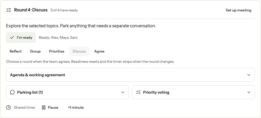 Example meeting in the Discuss round, with three of four participants ready, a parking list and shared timer controls.